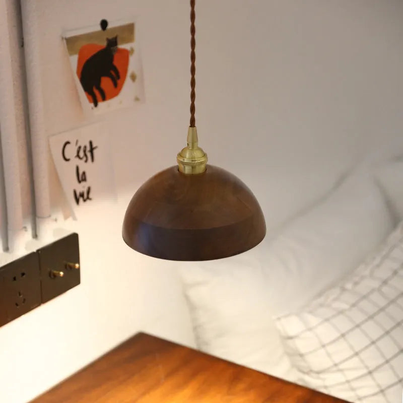 Black walnut single-head droplight chandelier with copper wood art construction.