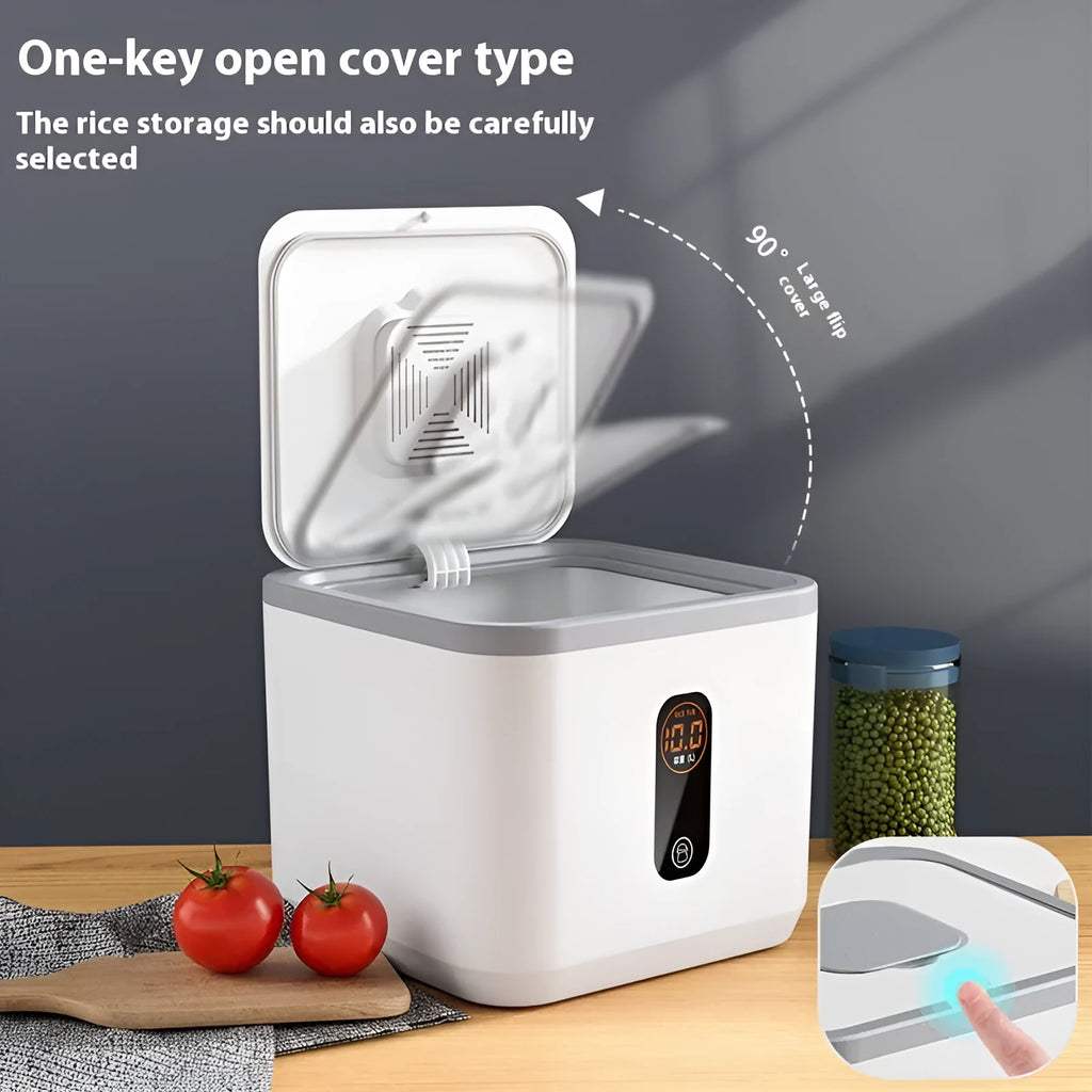 Grey plastic rice storage jar with sealed lid for insect and moisture protection