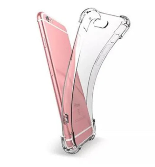 Transparent TPU shockproof phone case for various iPhone models on a table.