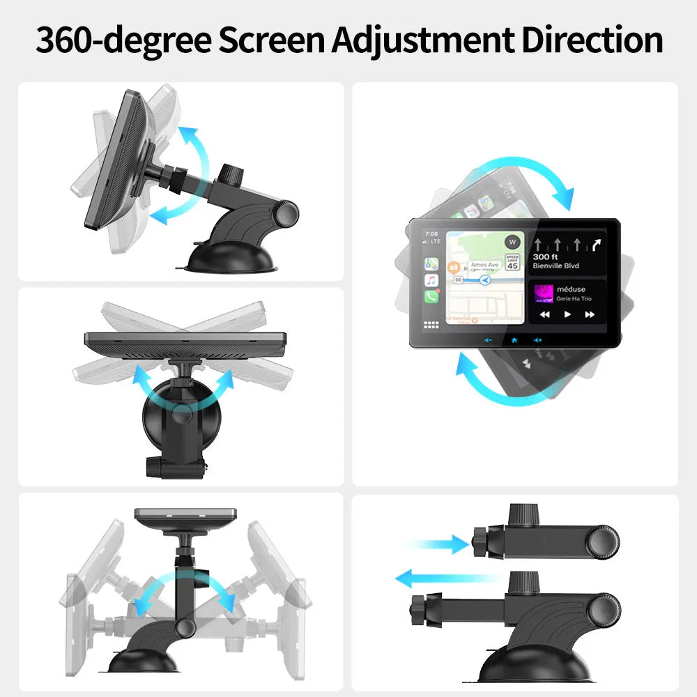 7-inch wireless CarPlay display with cigarette lighter cable and suction cup mount for car dashboard installation
