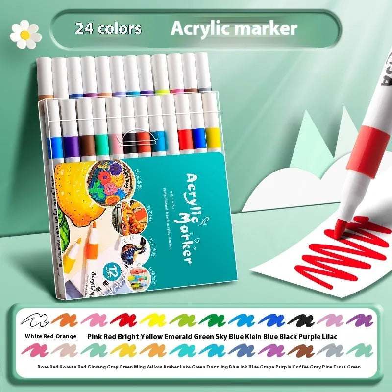Box of acrylic marker pens for student colour painting showing multiple colour options