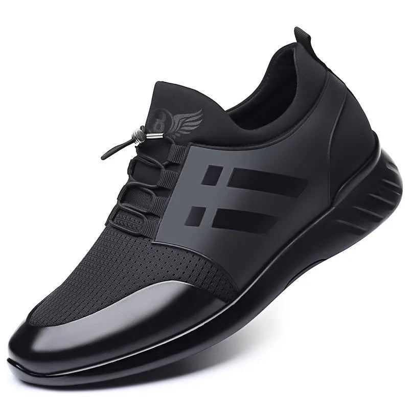 Men's black casual height increasing shoes in leather, Lycra and mesh with an invisible chunky heel.
