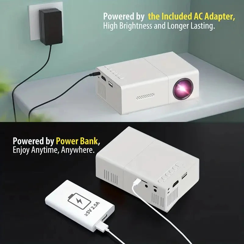 M100 mini LED projector in black or white showing 100-inch projection capability with remote control