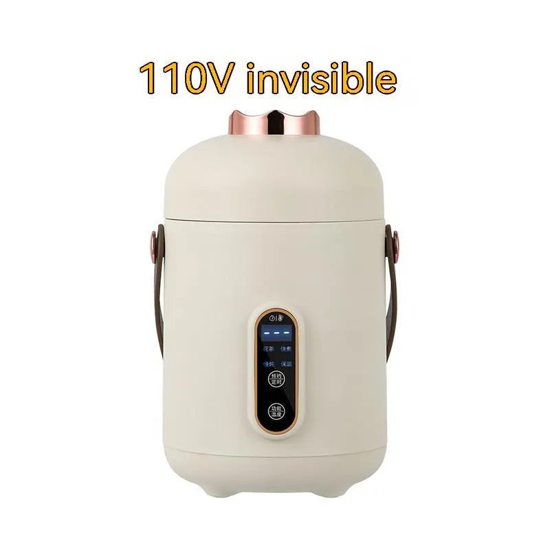 Smart portable electric stew cooker with transparent glass lid showing food inside, on a kitchen counter.
