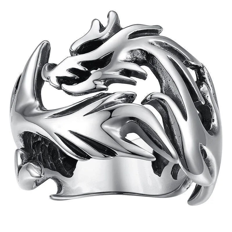 Adjustable Chinese dragon pattern ring in antique silver blue green electroplated colours