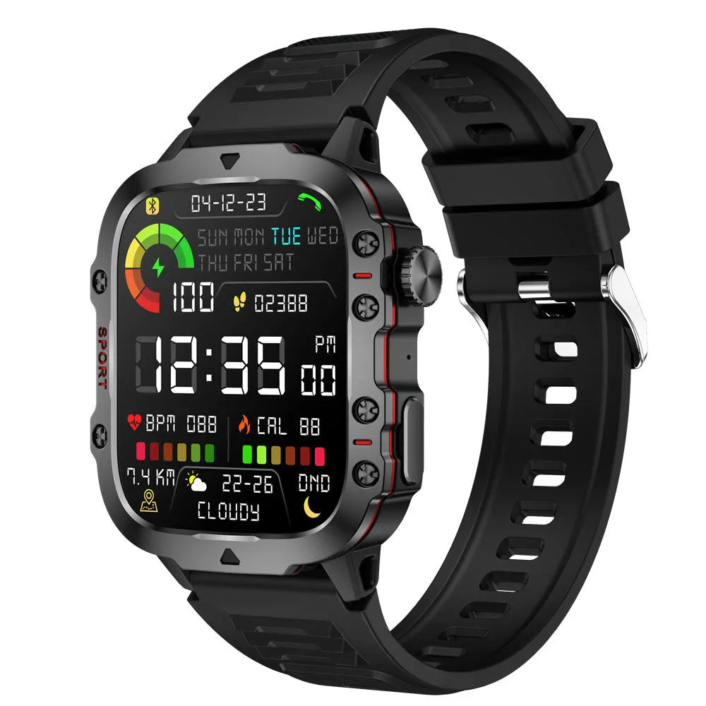 QX11 smartwatch with 50mm touch screen showing heart rate and step count display on wrist.