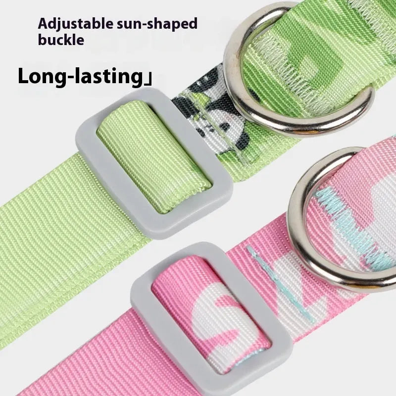 Adjustable nylon dog collar with cartoon gradient pattern in Panda Green, shown in S, M, L sizes