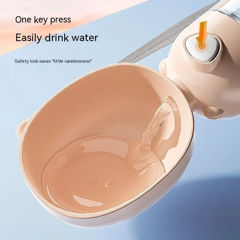 Portable dog water bottle feeder with food compartment in brown colour for outdoor walks