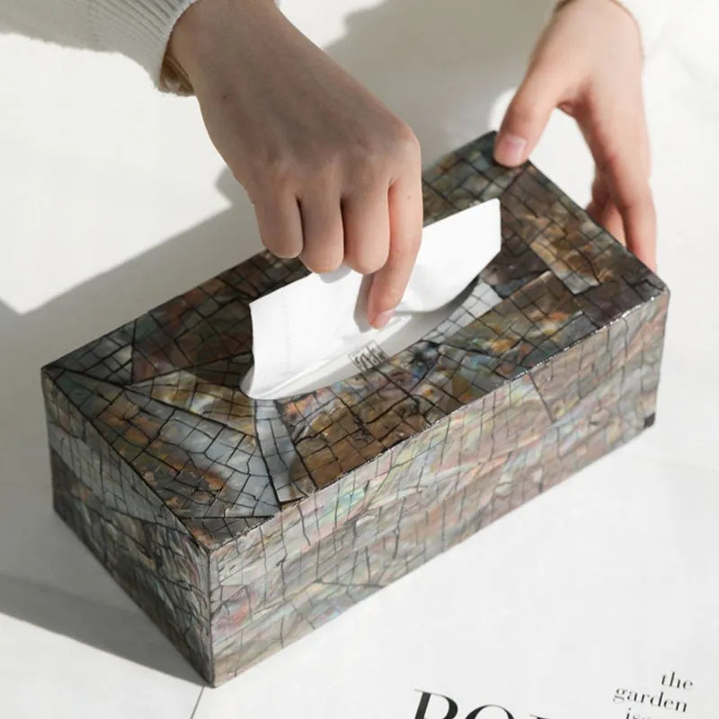Natural shell decorative storage box in black with modern design for tissue organisation