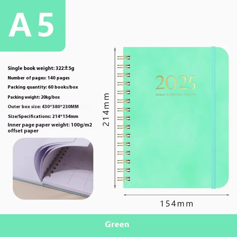 A5 leather notebook with metal coil binding in multiple colour options including black, blue, brown and green.