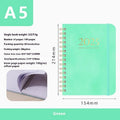 A5 leather notebook with metal coil binding in multiple colour options including black, blue, brown and green.