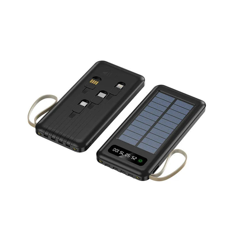 Solar power bank in cool black or ivory white colour showing compact 144mm design with charging port