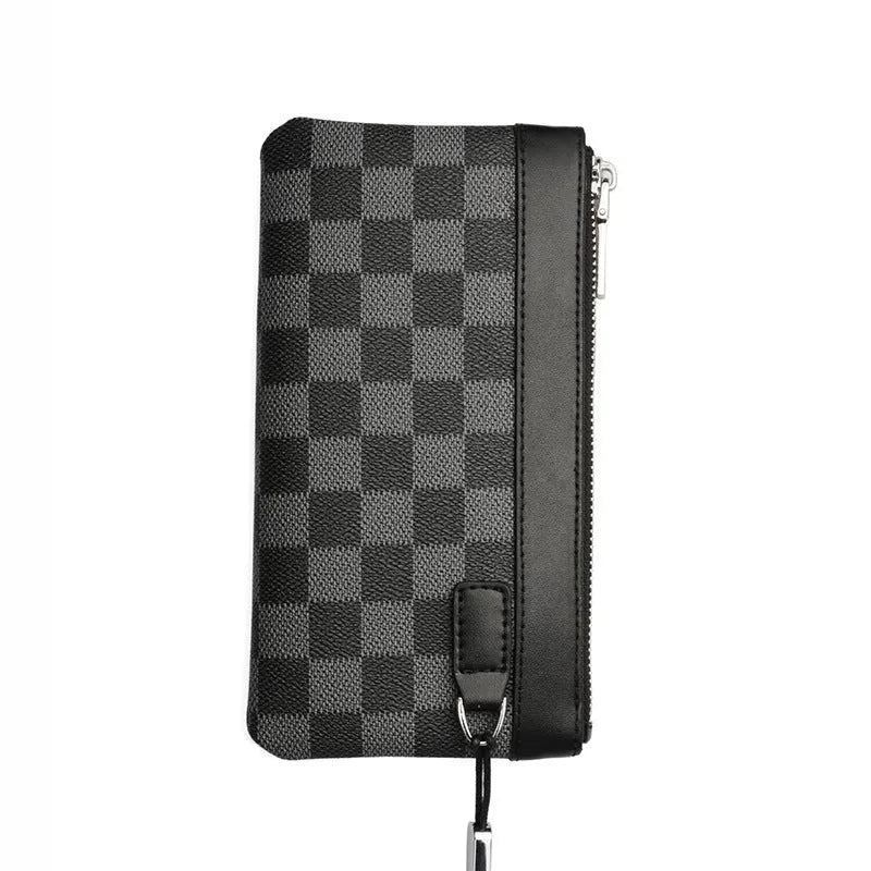 Men's black leather clutch wallet made from genuine cowhide measuring 20cm by 10cm
