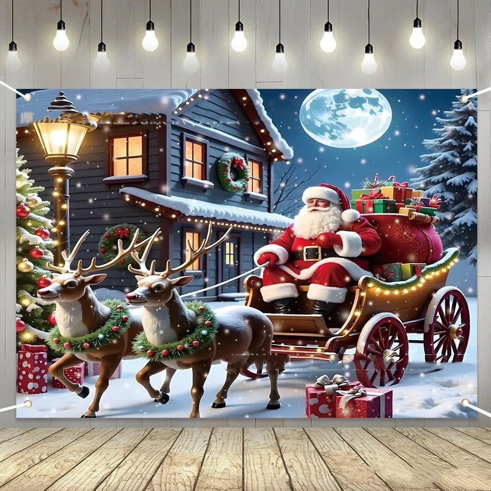 Red Christmas banner with Santa Claus print measuring 210cm wide by 150cm high