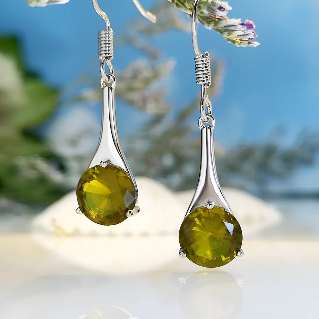 Olive green topaz water drop shaped earrings with retro style and electroplated alloy construction