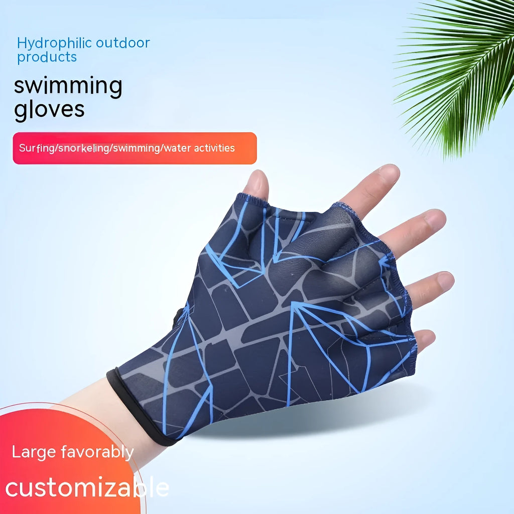 Duck feet webbed swimming gloves in nylon fabric with colour print options