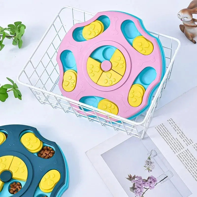 Blue dog puzzle toy bowl with food searching compartments for interactive feeding game