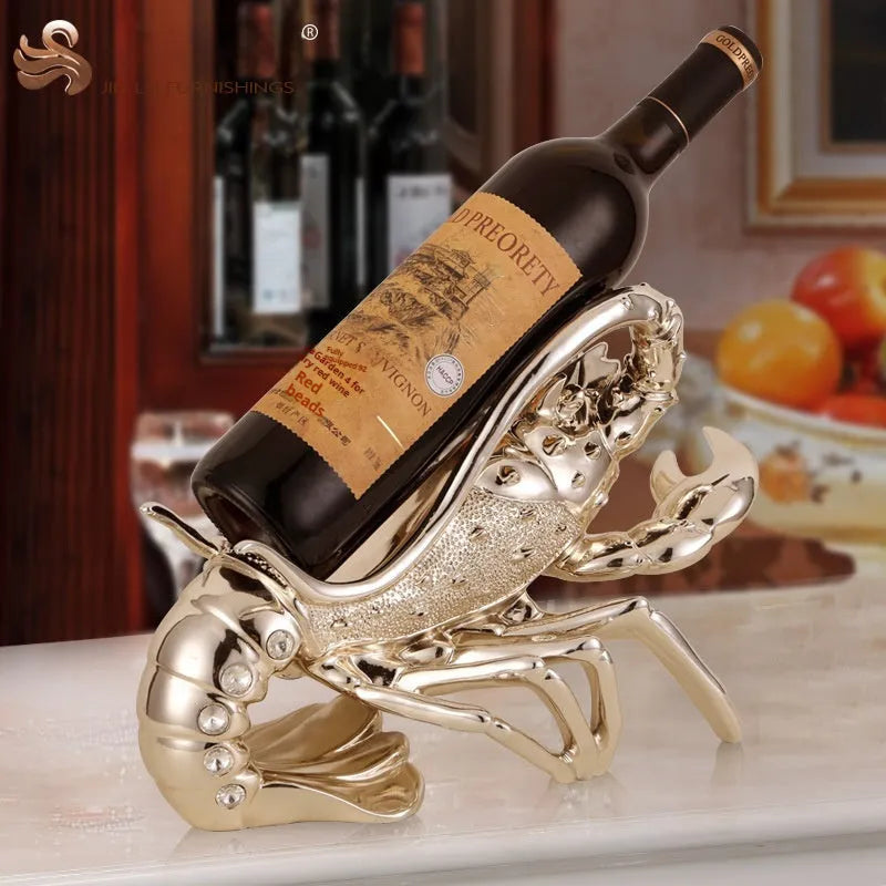 Lobster-shaped wine rack ornament in rose gold or silver resin finish on a table.