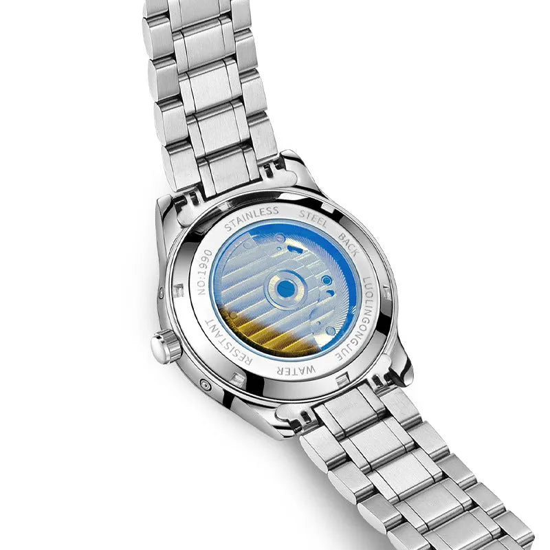 Men's stainless steel mechanical business watch with sapphire crystal and transparent case back