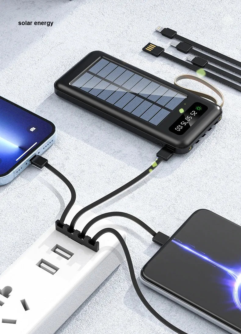 Solar power bank in cool black or ivory white colour showing compact 144mm design with charging port