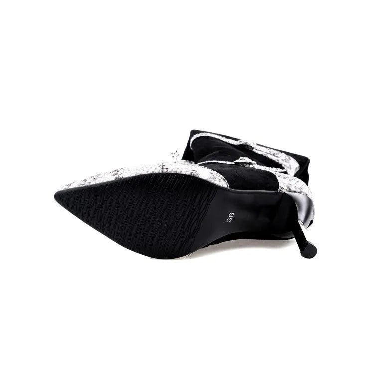 Women's grey knee-high high-heel boots with a thin 9cm heel and a 33cm shaft.