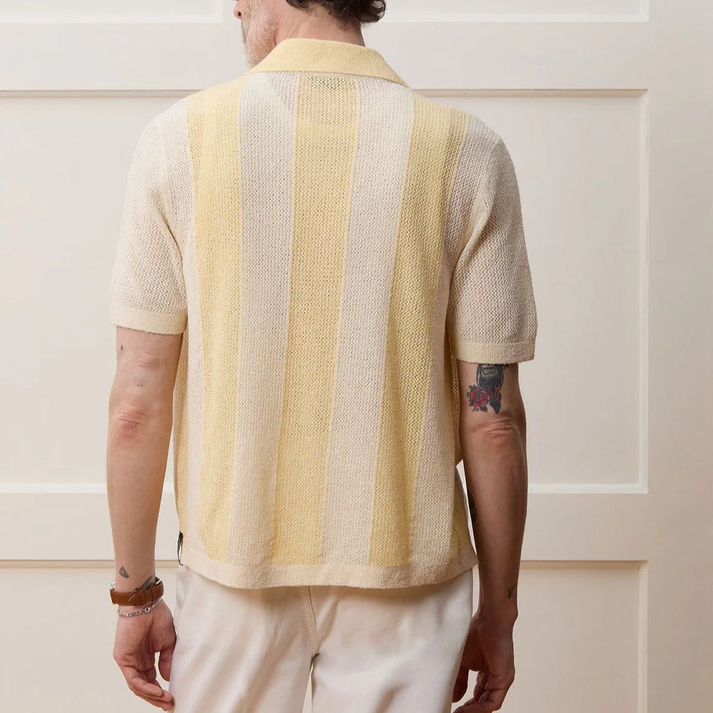 Yellow asymmetrical Tencel polo shirt with hollow-out detailing and short sleeves