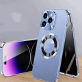 Magnetic iPhone case with anti-peep metal clip in black blue gold purple silver colours for iPhone 12-15 models