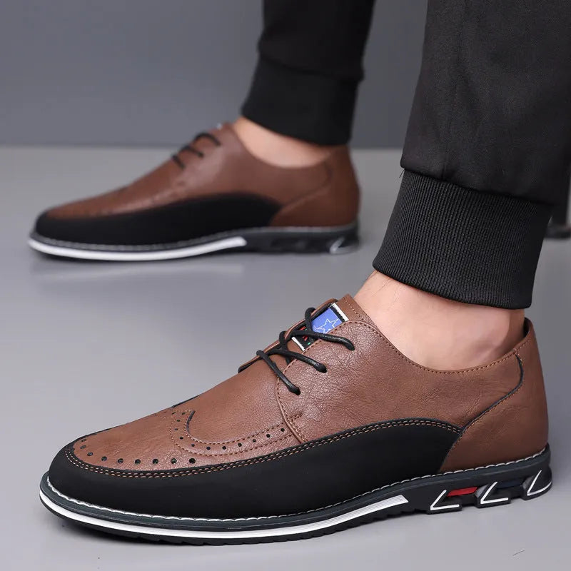 Men's low top business fashion shoes with leather toe cap and rubber sole in black or brown