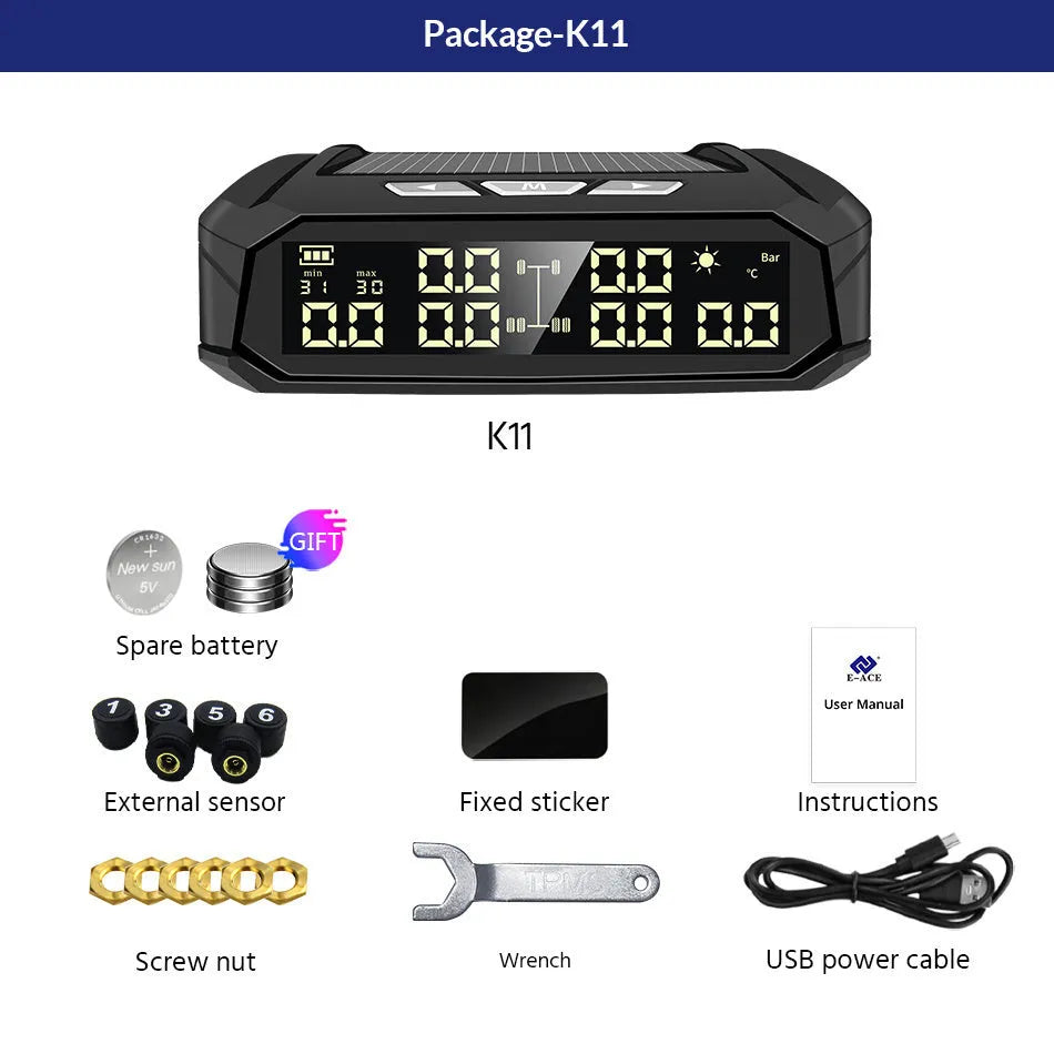 Solar tyre pressure monitor with colour display for six tyres on RVs and trucks