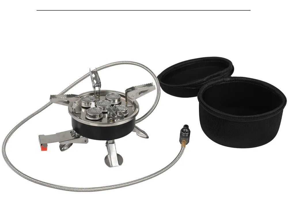 Silver stainless steel foldable split camping stove with copper fittings and extended hose