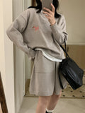 Women's casual knitted sweater shorts suit with animal embroidery in milk blue, Japanese Korean style two-piece set