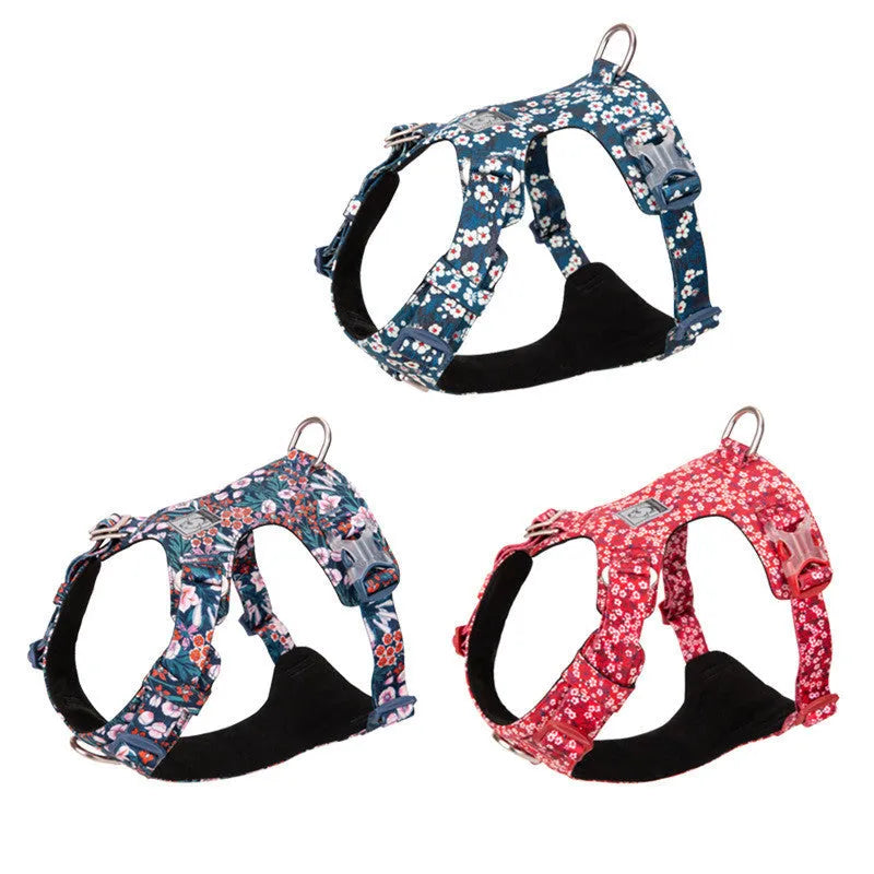 Pure cotton pet harness chest strap with floral pattern in floral red colour