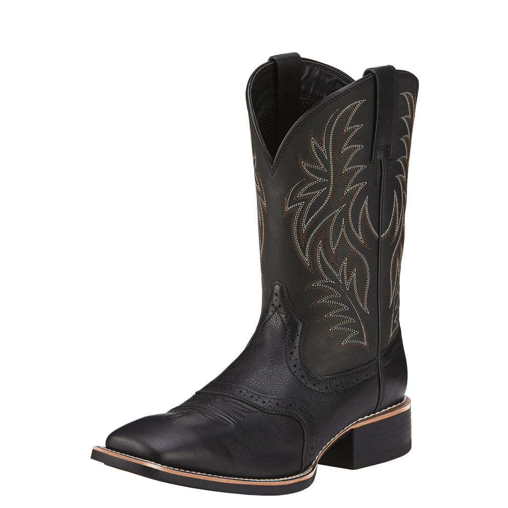Men's black western cowboy boots with high embroidery stitching and wide square toe