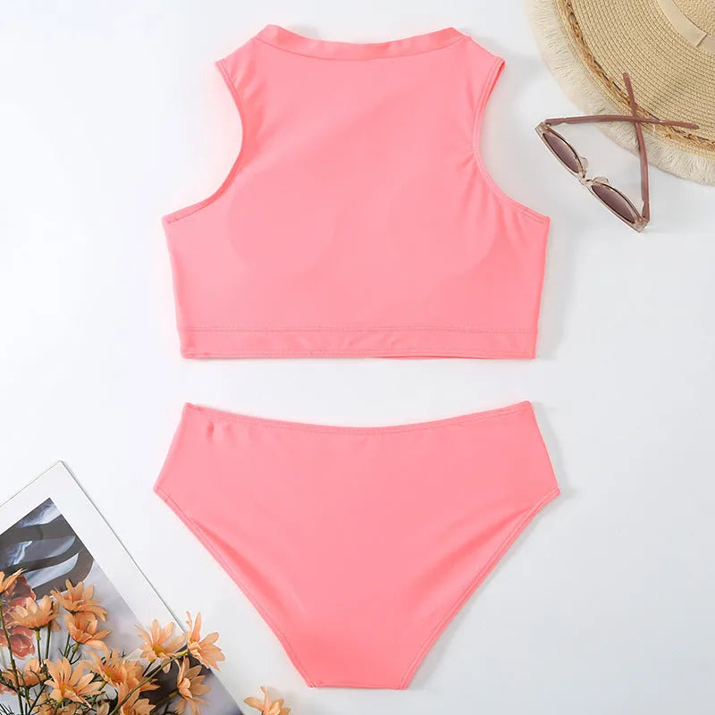 Pink high waist split bikini swimsuit set with brief style on a mannequin.