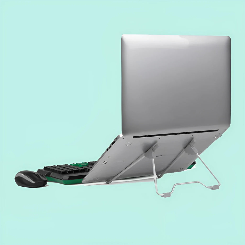 Grey aluminium alloy mobile phone and laptop stand with adjustable angles on a desk