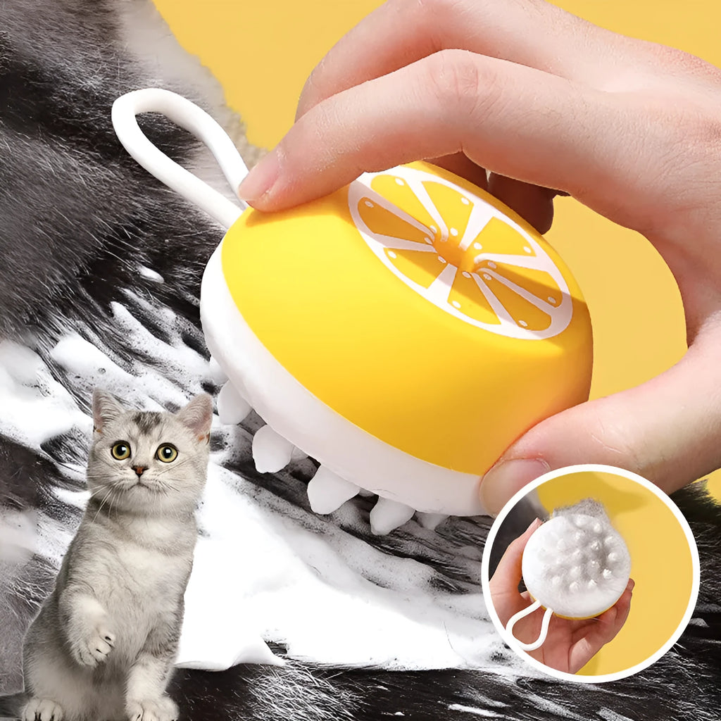 Yellow silicone pet bath brush with massage head and comb teeth for dog cat grooming during washing