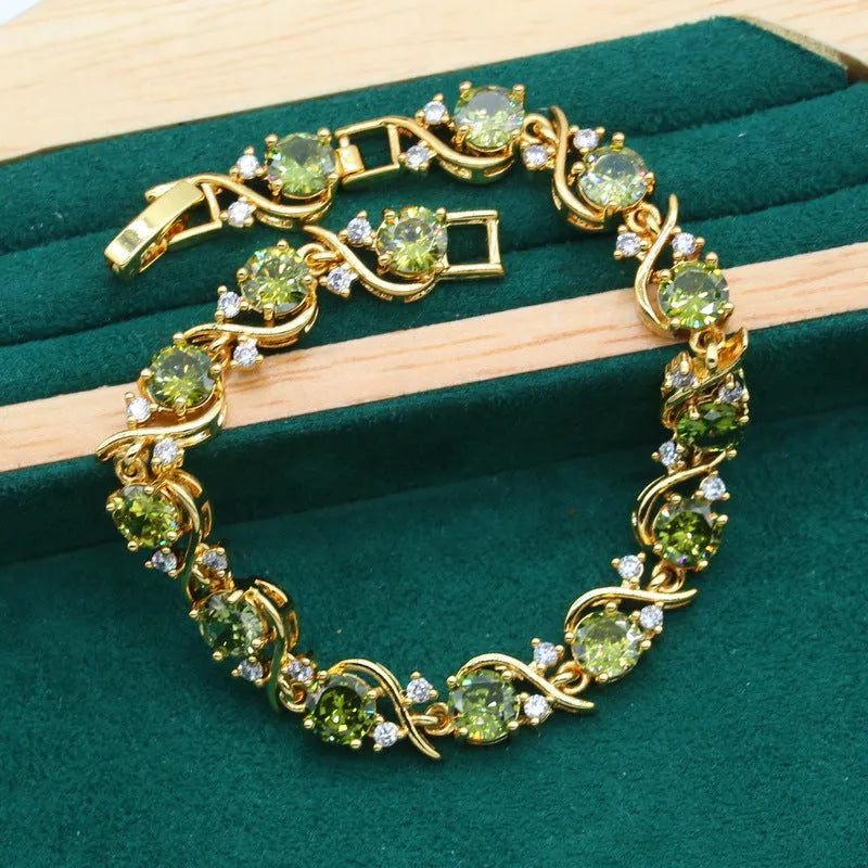 Women's rhinestone zircon jewellery set with snake bones chain and copper inlay in olive green or red colour
