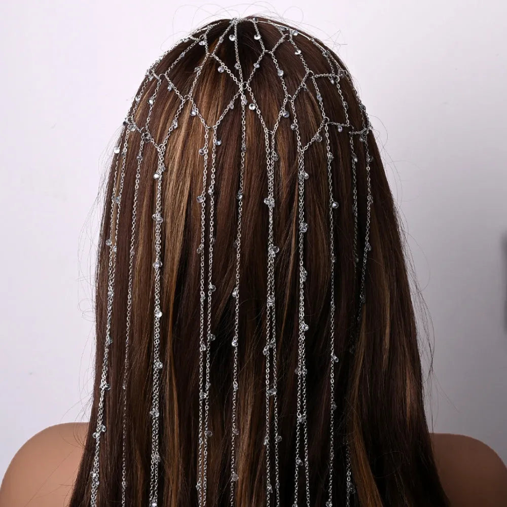 Mesh rhinestone headband with tassel decoration in gold or silver electroplated finish