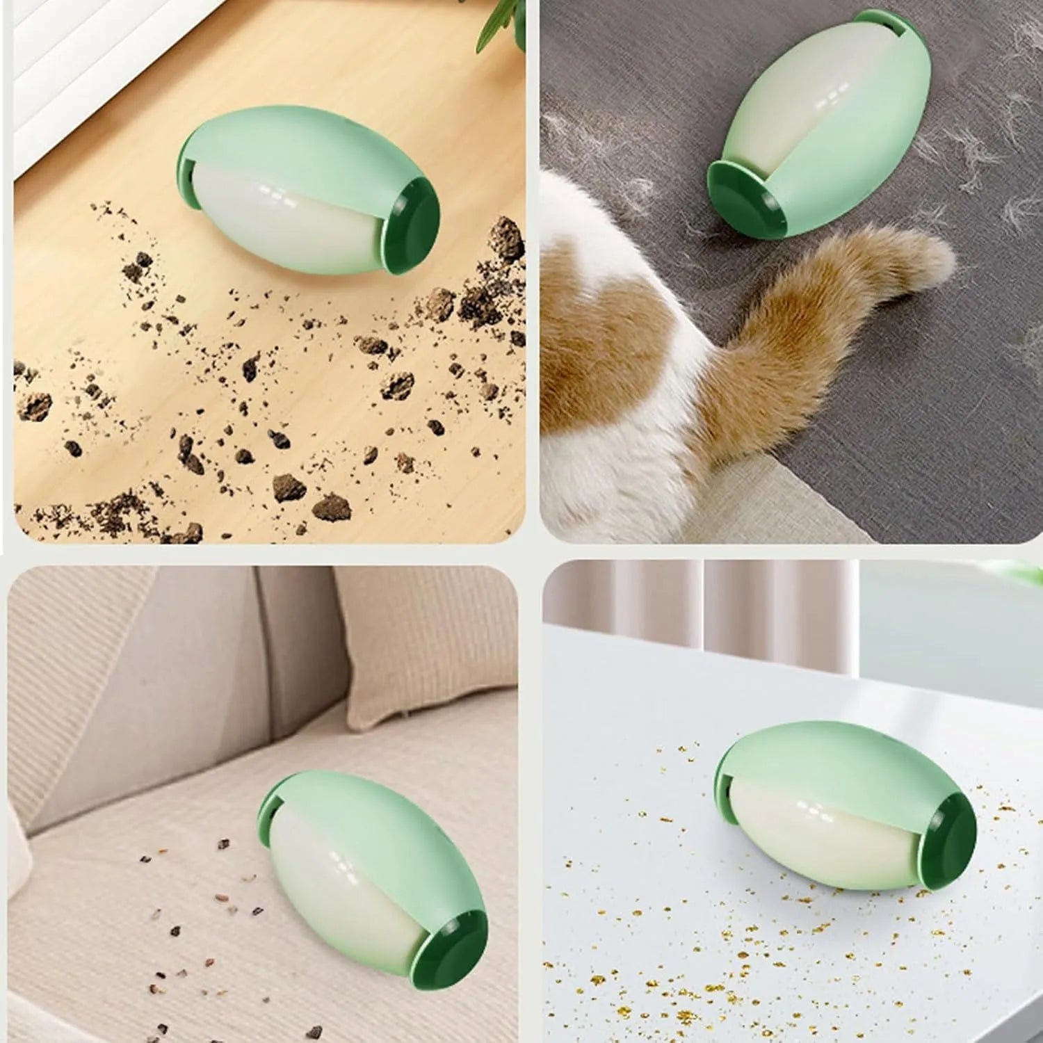 Green and white washable gel lint roller balls for pet hair removal on fabrics