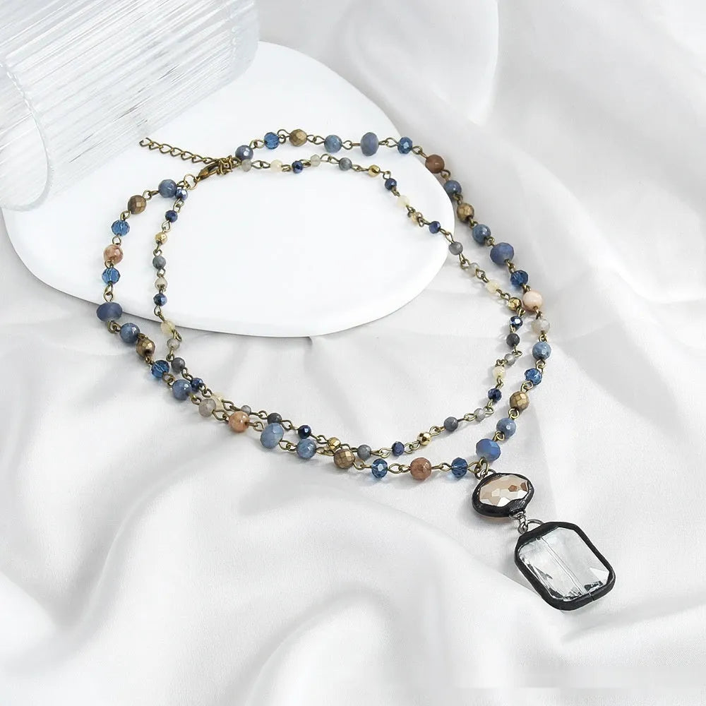 Tribal style two-layer necklace with stone and glass pendant on adjustable 31-40cm chain