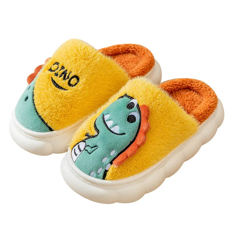 Cotton plush indoor slippers with dinosaur designs in grey, coffee and orange colours