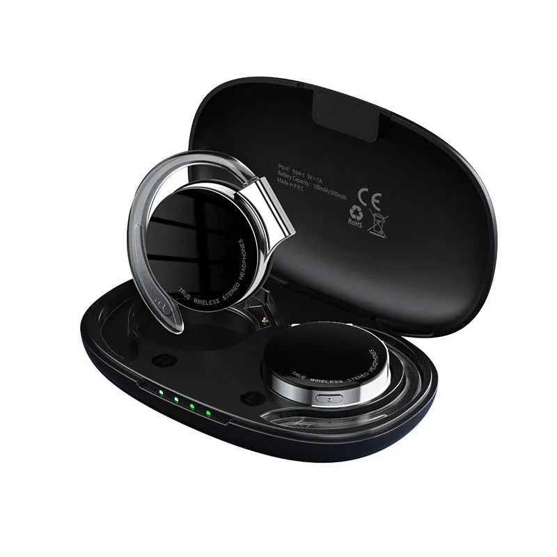 Black and white sports wireless Bluetooth earphones with ear plug design showing 15m range and Bluetooth 5.2 features