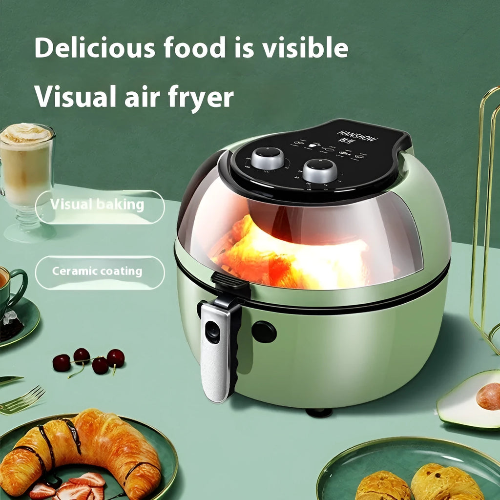 8-litre air fryer oven with visible window showing mechanical button controls and nano ceramic coating