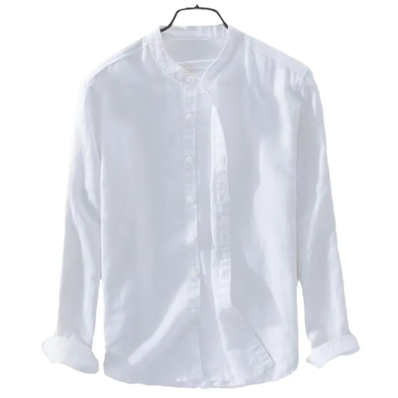 Men's loose fit long sleeve linen cotton shirt in solid colours on a hanger