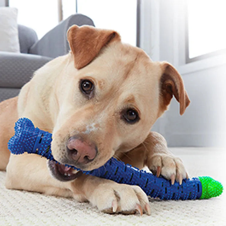 Blue silicone dog dental chew toy with serrated brush head and crevice for toothpaste insertion