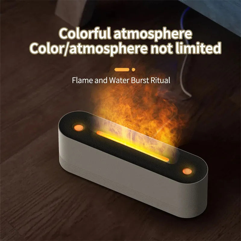 Black Flame Air Ultrasonic Humidifier emitting cool mist with a multi-colour LED flame light effect on a wooden table.