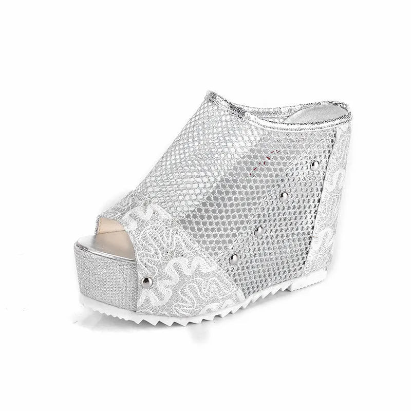 Korean platform sandals with chunky hollowed-out heel, mesh upper, and lace-up design in gold colour.