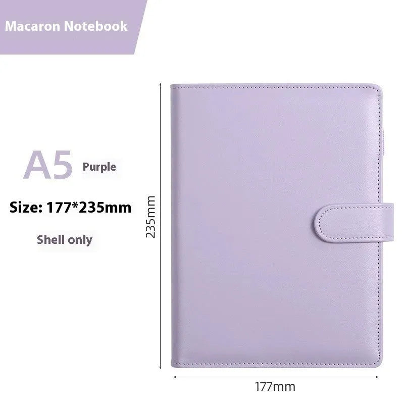 A5 PU leather zipper notebook shell in multiple solid colours, showing closed and open views.