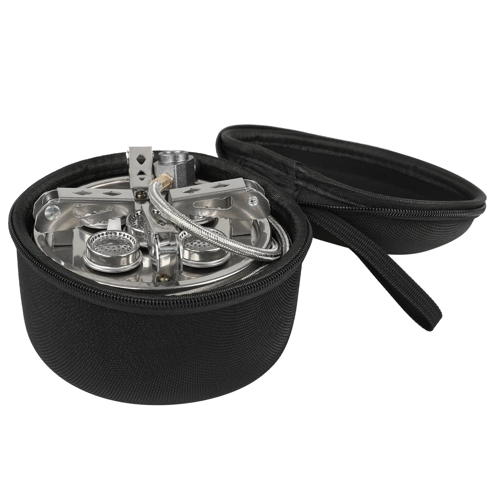 Silver stainless steel foldable split camping stove with copper fittings and extended hose