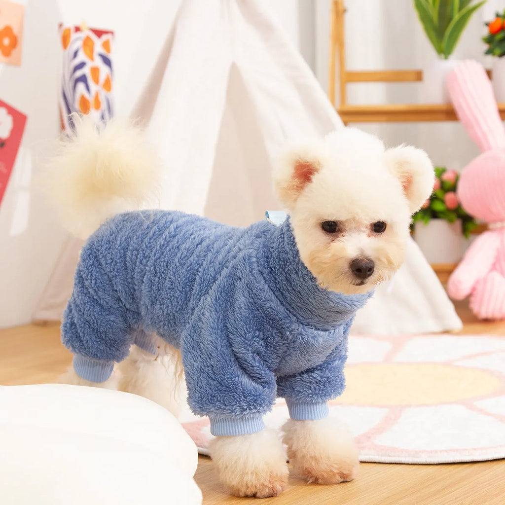 Blue double-sided plush dog clothes with high collar and towing ring on a mannequin
